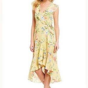 Donna Morgan nwt Size 10 Yellow Floral High Low Wrap Sleeveless Dress